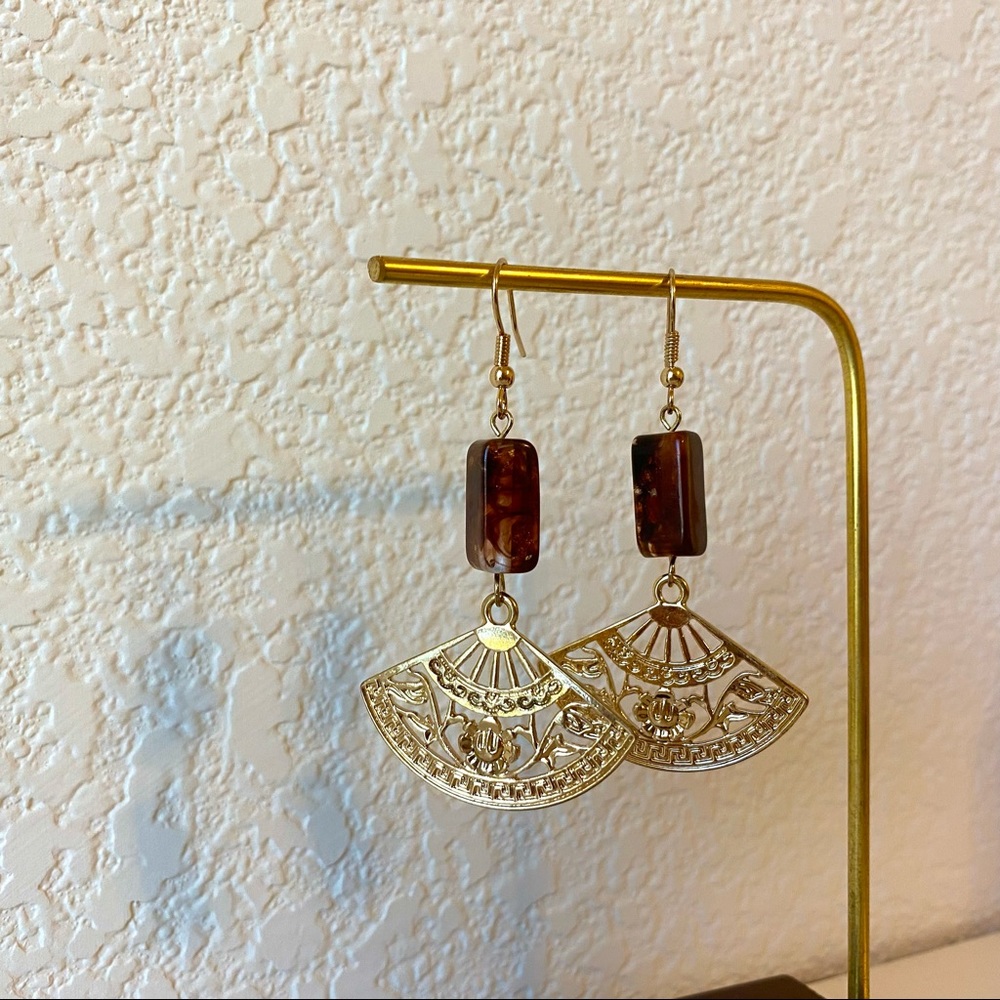 💕Last one Ancient Asian Fan Stone Drop Earrings - Picture 2 of 11